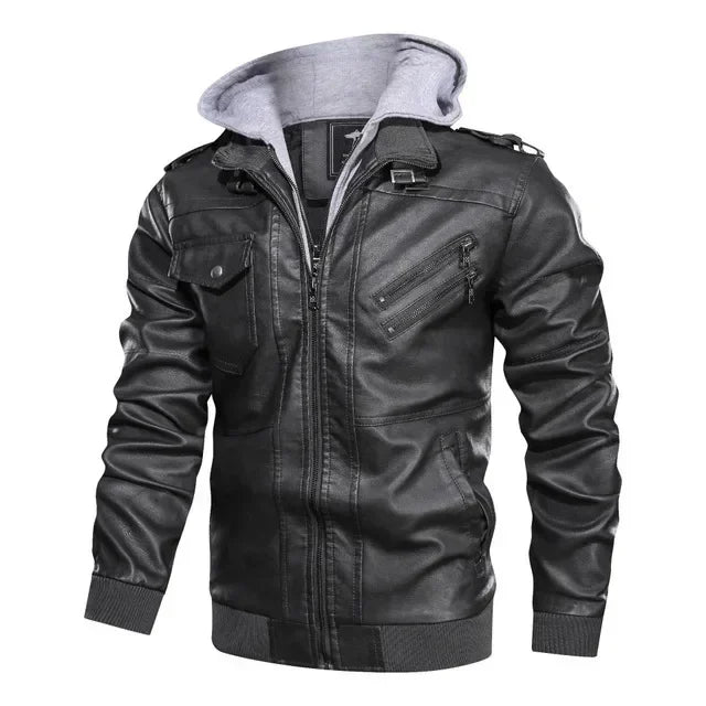 Mandylandy Biker Leather Jacket Men Zipper Pu Jacket Autumn Detachable Hat Casual Leather Clothing Hooded Autumn Locomotive Coat