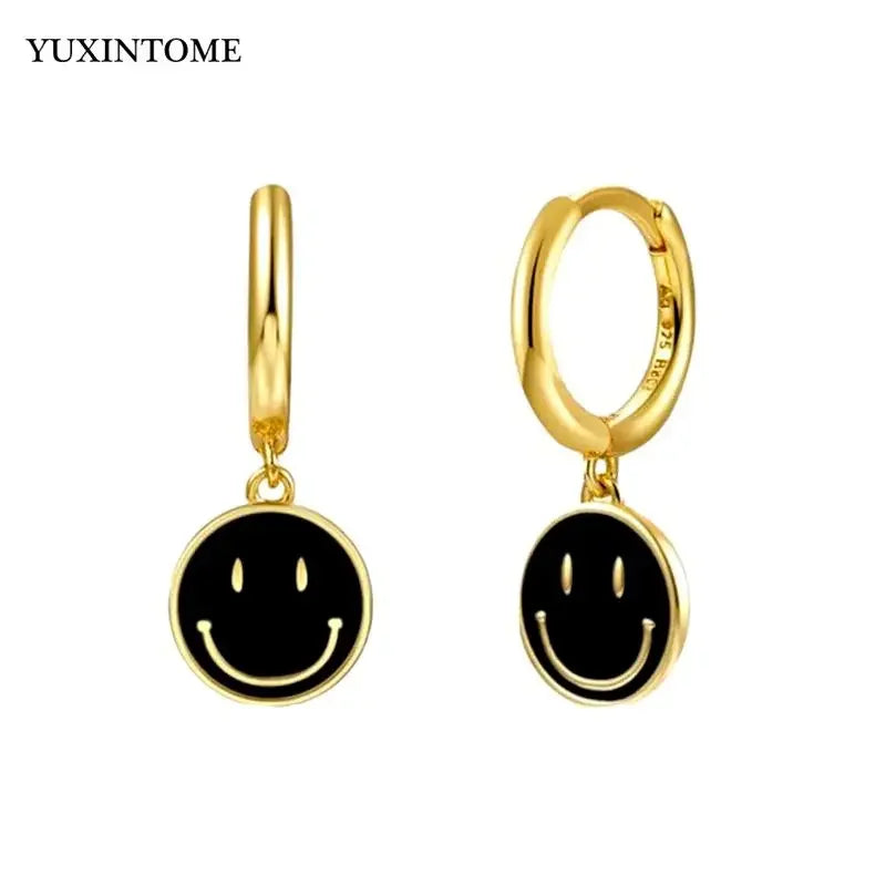 925 Sterling Silver Ear Needle Enamel Smile Face Gold Pendant Earrings Hoop Ear Buckle Party Fashion Jewelry Girl Birthday Gift