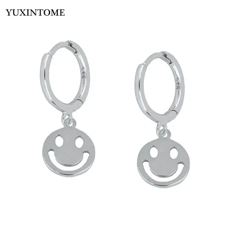 925 Sterling Silver Ear Needle Enamel Smile Face Gold Pendant Earrings Hoop Ear Buckle Party Fashion Jewelry Girl Birthday Gift