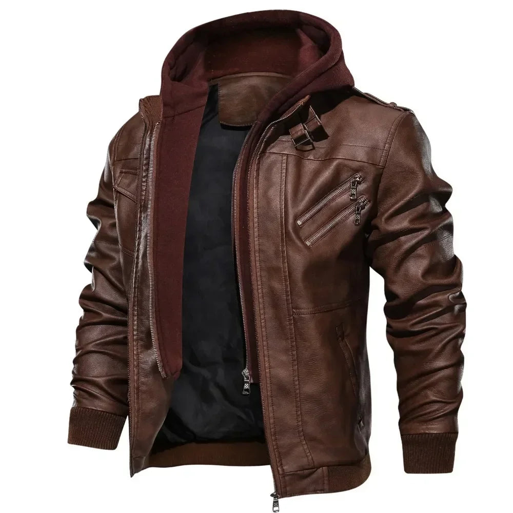 Mandylandy Biker Leather Jacket Men Zipper Pu Jacket Autumn Detachable Hat Casual Leather Clothing Hooded Autumn Locomotive Coat