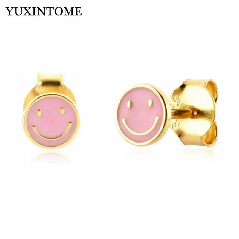 925 Sterling Silver Ear Needle Enamel Smile Face Gold Pendant Earrings Hoop Ear Buckle Party Fashion Jewelry Girl Birthday Gift