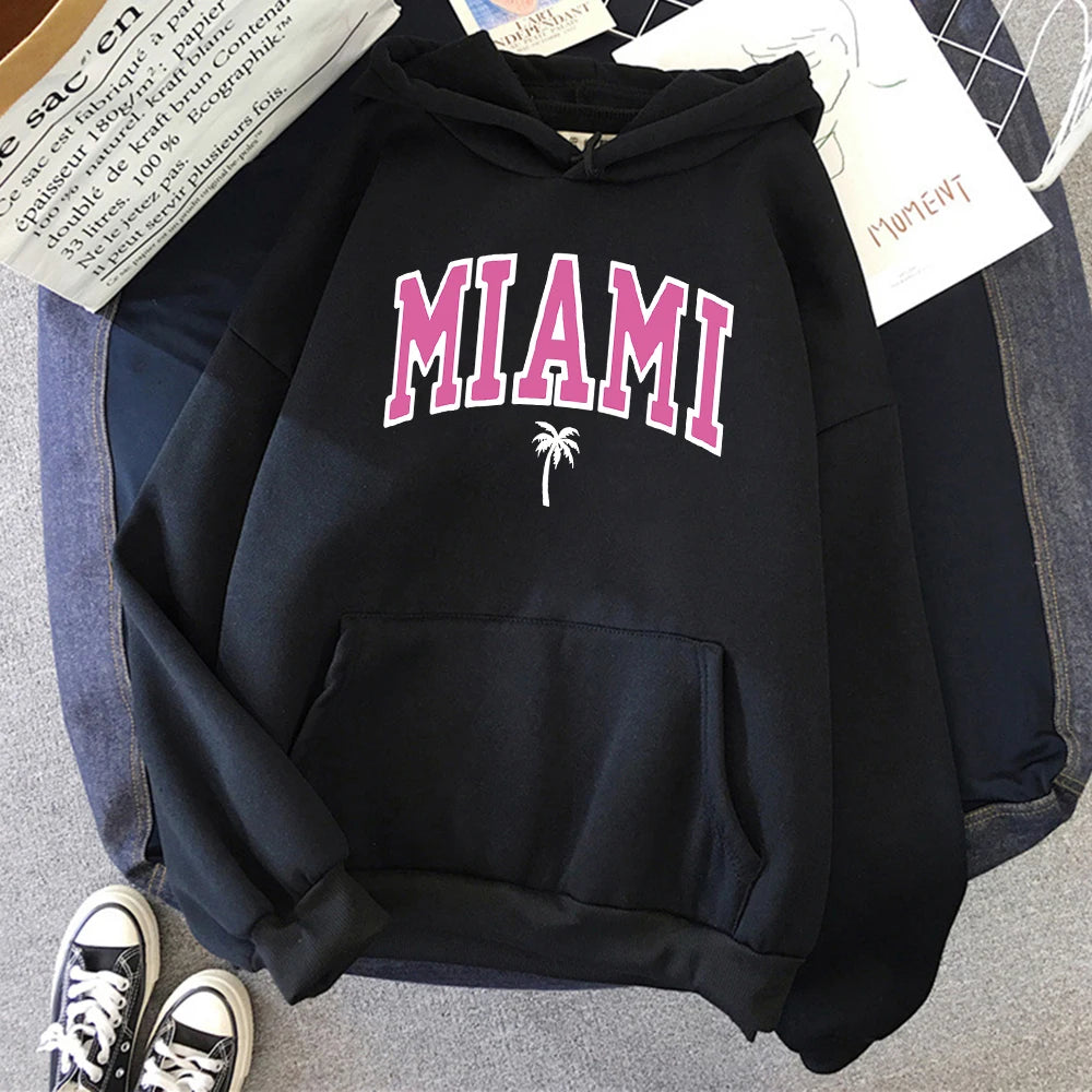 Miami Beach, Florida Usa Street Womens Hoodie Street Loose Hoodies Breathable Fleece Streetwear Casual Fleece Female Clothing