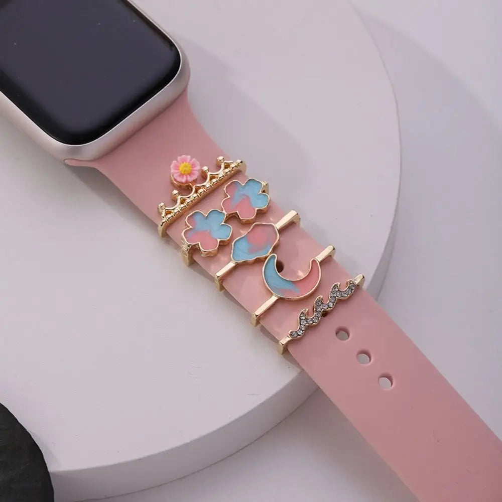 Creative Metal Charms Silicone Strap Decoration Ring For Apple Watch Band Diamond Ornament Bracelet Strap Jewelry Accessories