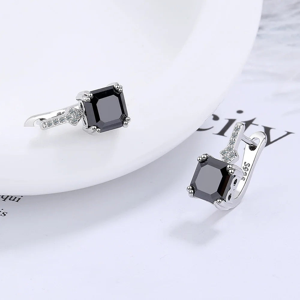 Stamp 925 Sterling Silver needle Square Crystal Gemstone Hoop Earrings For Women Trendy Jewelry Girl Gift New