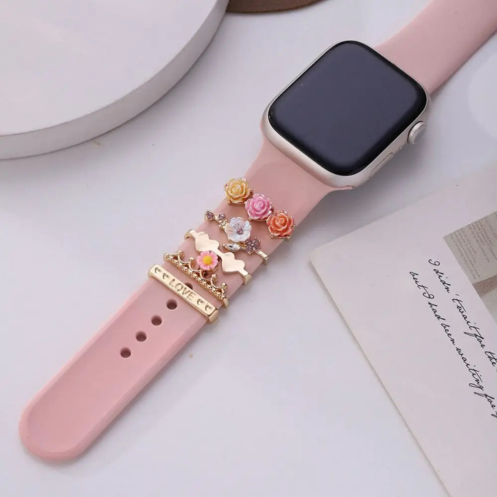 Creative Metal Charms Silicone Strap Decoration Ring For Apple Watch Band Diamond Ornament Bracelet Strap Jewelry Accessories