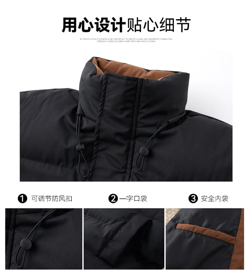 Patchwork Thicken Puffer Jacket Men New Winter Parka Down Coat Korean Fashion Mens High Street Stand Collar Cotton-Padded Jacket