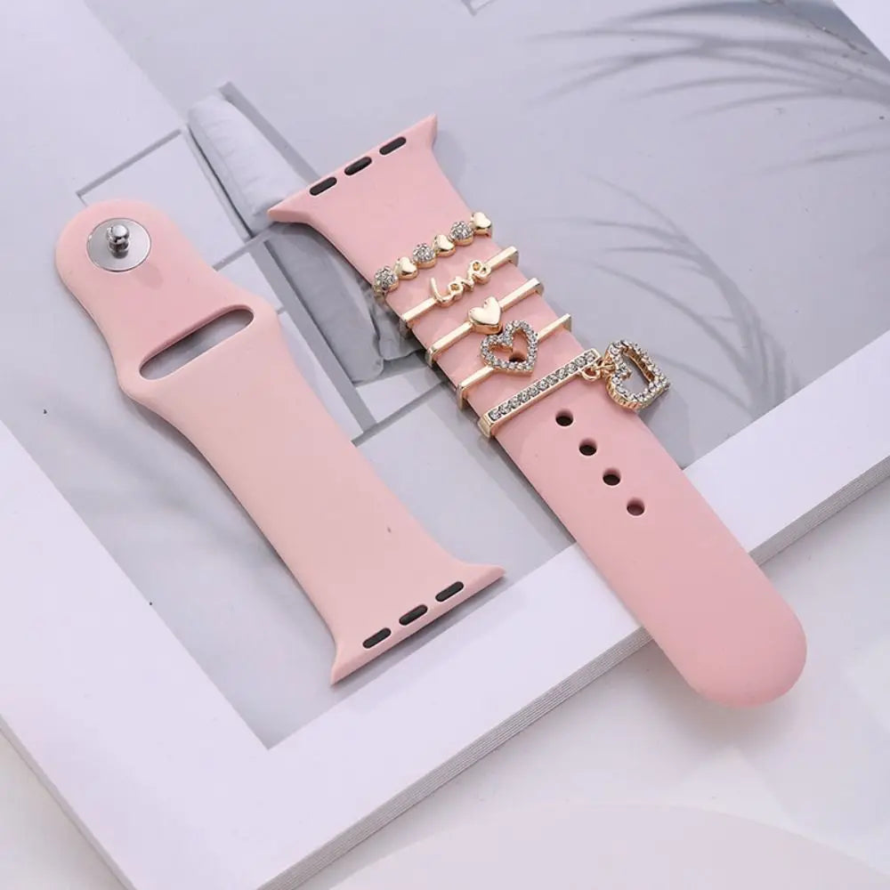 Creative Metal Charms Silicone Strap Decoration Ring For Apple Watch Band Diamond Ornament Bracelet Strap Jewelry Accessories