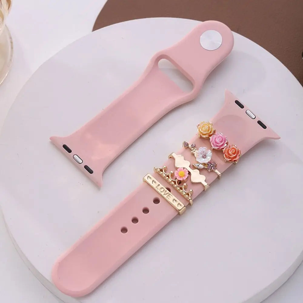 Creative Metal Charms Silicone Strap Decoration Ring For Apple Watch Band Diamond Ornament Bracelet Strap Jewelry Accessories