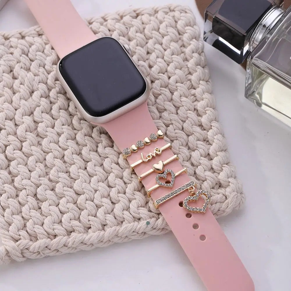 Creative Metal Charms Silicone Strap Decoration Ring For Apple Watch Band Diamond Ornament Bracelet Strap Jewelry Accessories