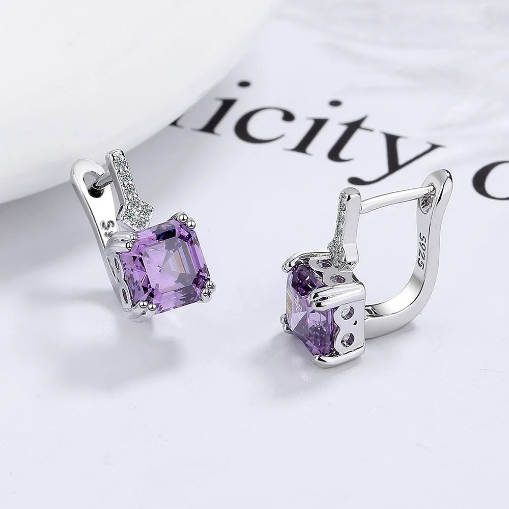 Stamp 925 Sterling Silver needle Square Crystal Gemstone Hoop Earrings For Women Trendy Jewelry Girl Gift New