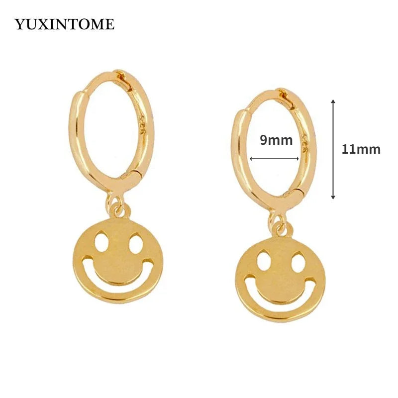 925 Sterling Silver Ear Needle Enamel Smile Face Gold Pendant Earrings Hoop Ear Buckle Party Fashion Jewelry Girl Birthday Gift